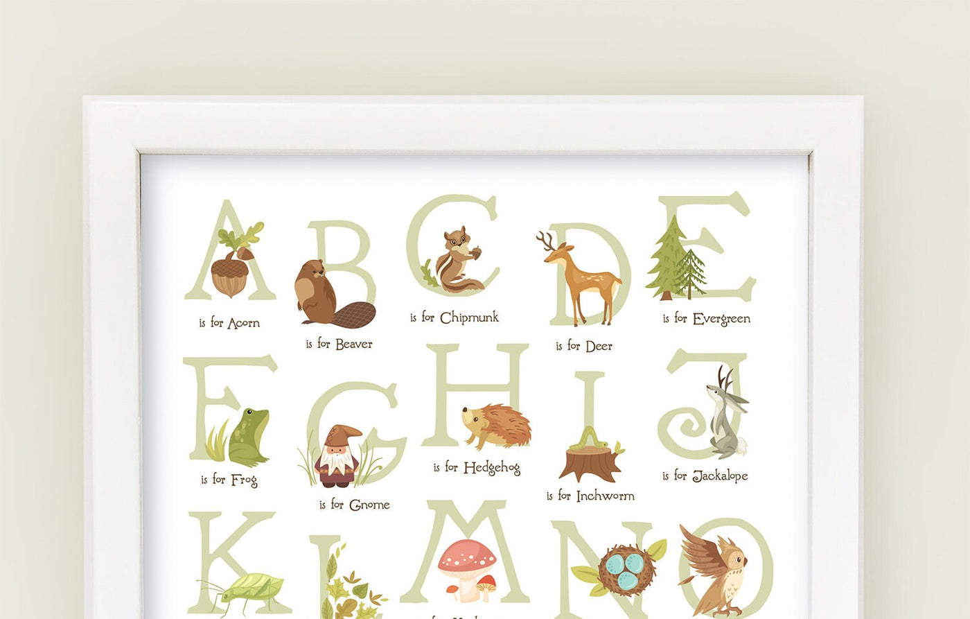 Woodland Alphabet printable wall art, woodland animals ABC nursery