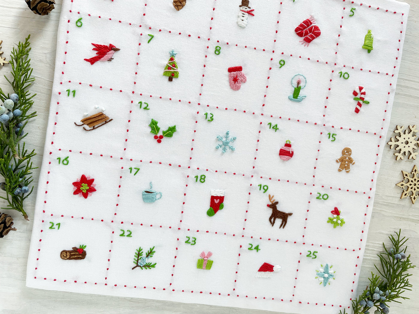 Tiny Christmas Motifs Hand Embroidery Advent Calendar printed fabric sampler