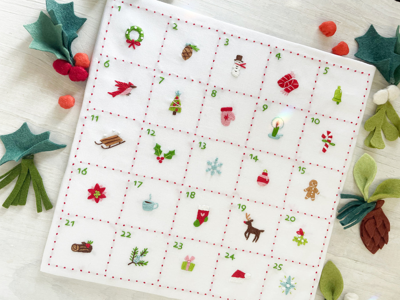 Tiny Christmas Motifs Hand Embroidery Advent Calendar printed fabric sampler