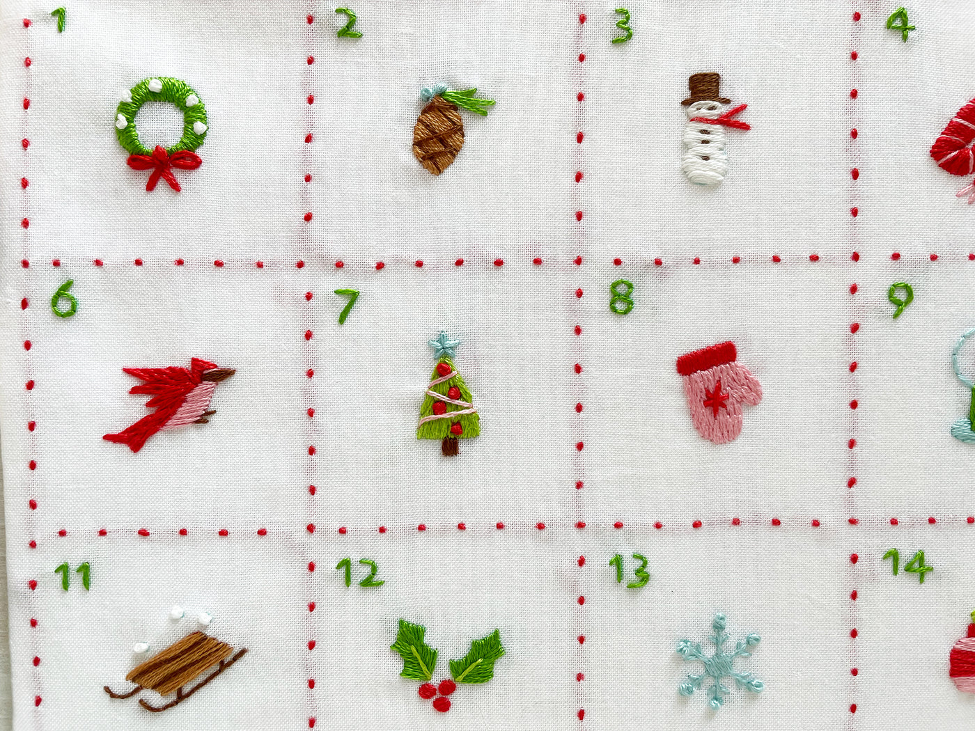 Tiny Christmas Motifs Hand Embroidery Advent Calendar printed fabric sampler