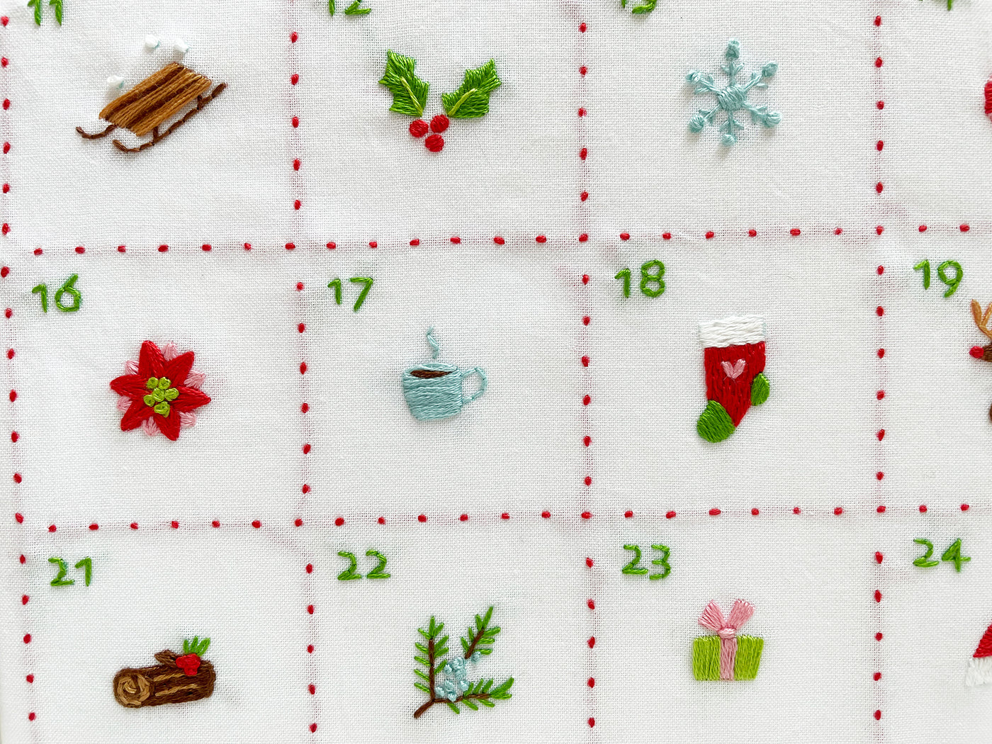 Tiny Christmas Motifs Hand Embroidery Advent Calendar printed fabric sampler