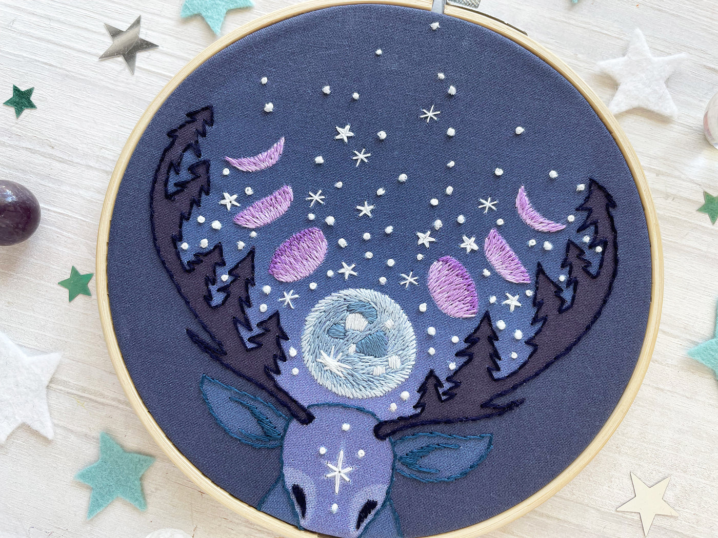 Deer Moon Phases Lunar Hand Embroidery Sampler