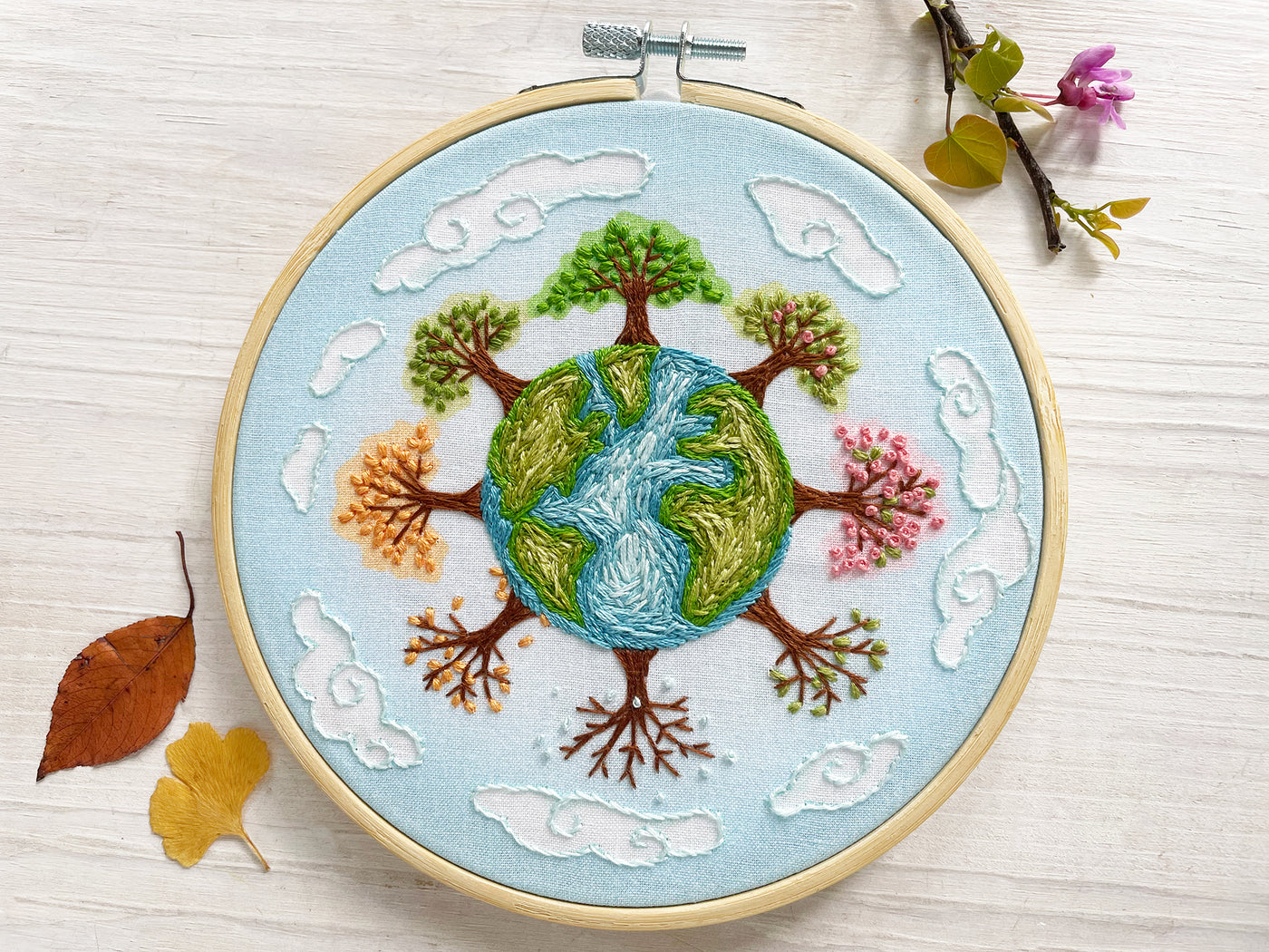 Earth in 4 Seasons Hand Embroidery Fabric Sampler
