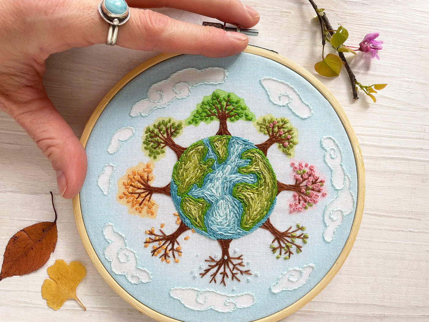 Earth in 4 Seasons Hand Embroidery Fabric Sampler