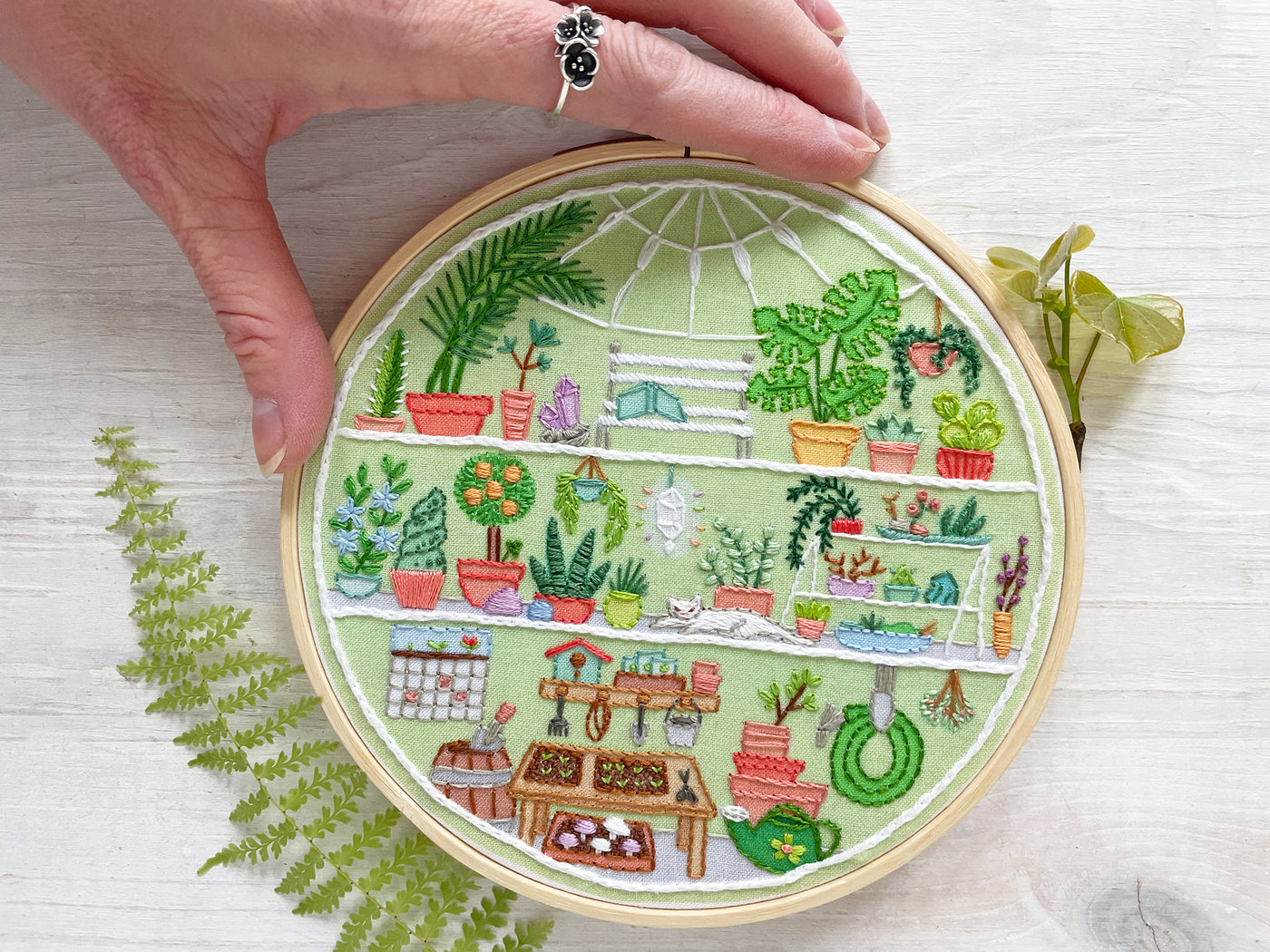 little greenhouse, Plant Lady Hand Embroidery Fabric Sampler