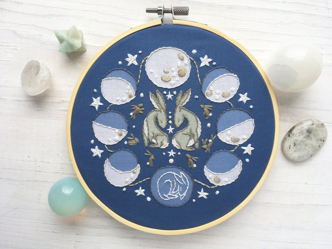 Rabbit Moon Phases Lunar Hand Embroidery fabric sampler