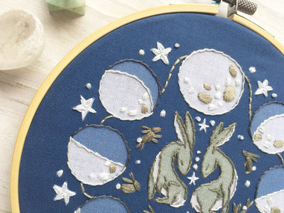 Rabbit Moon Phases Lunar Hand Embroidery fabric sampler