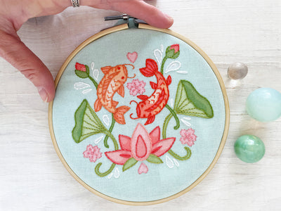 Koi and Lotus Hand Embroidery Fabric Sampler