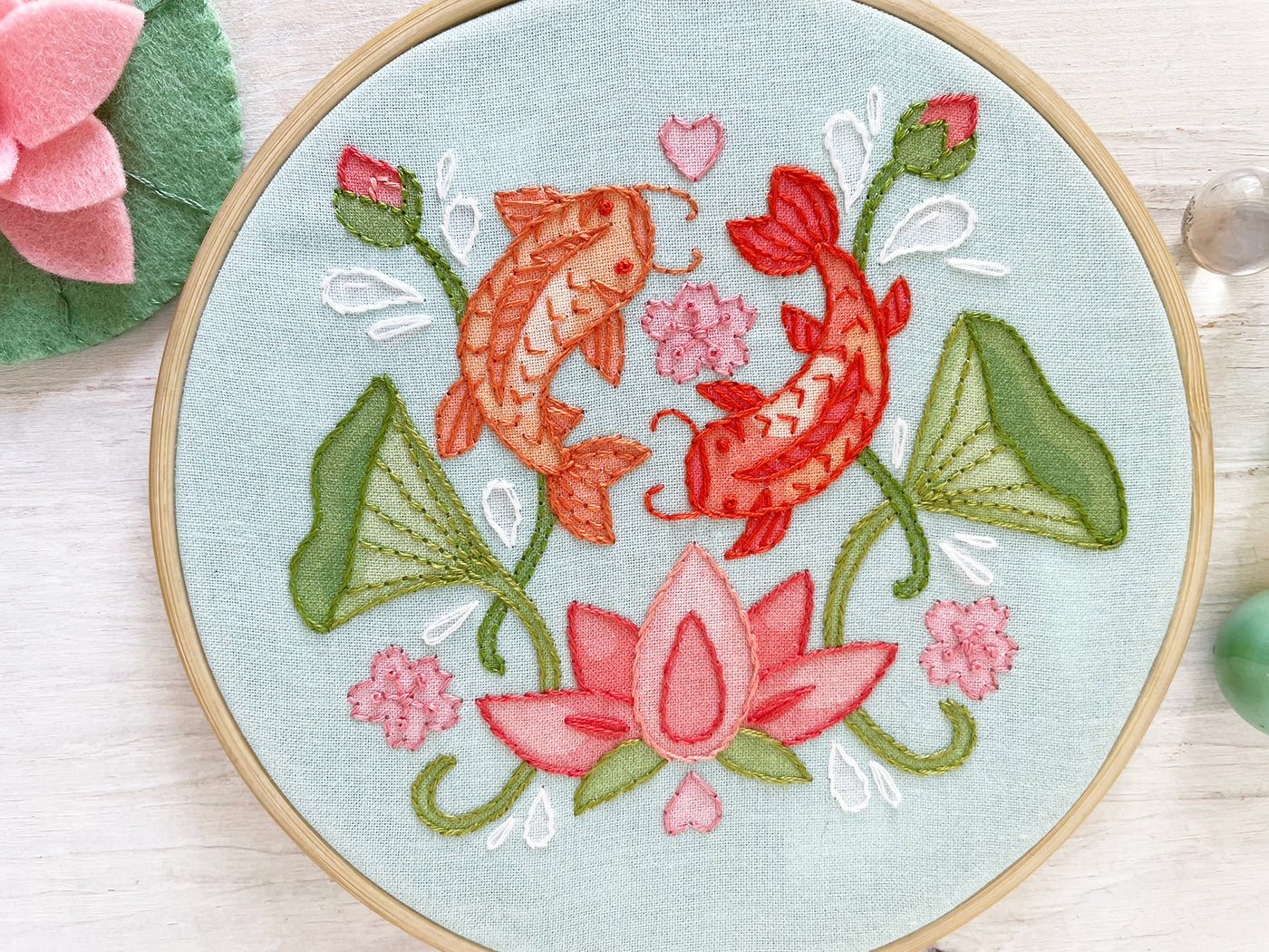 Koi and Lotus Hand Embroidery Fabric Sampler