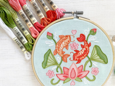 Koi and Lotus Hand Embroidery Fabric Sampler