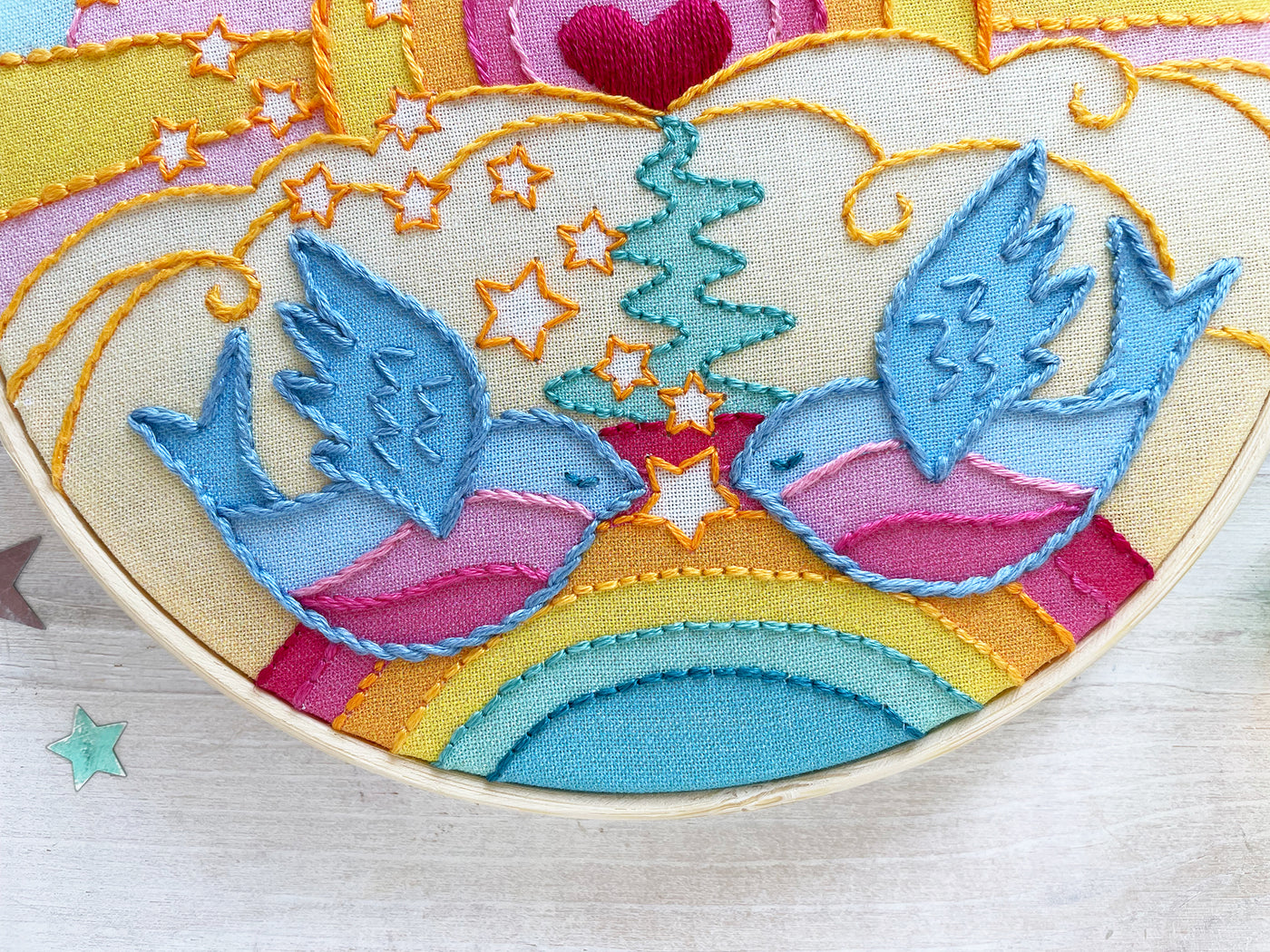 Rainbow Lovebirds Hand Embroidery Fabric Sampler
