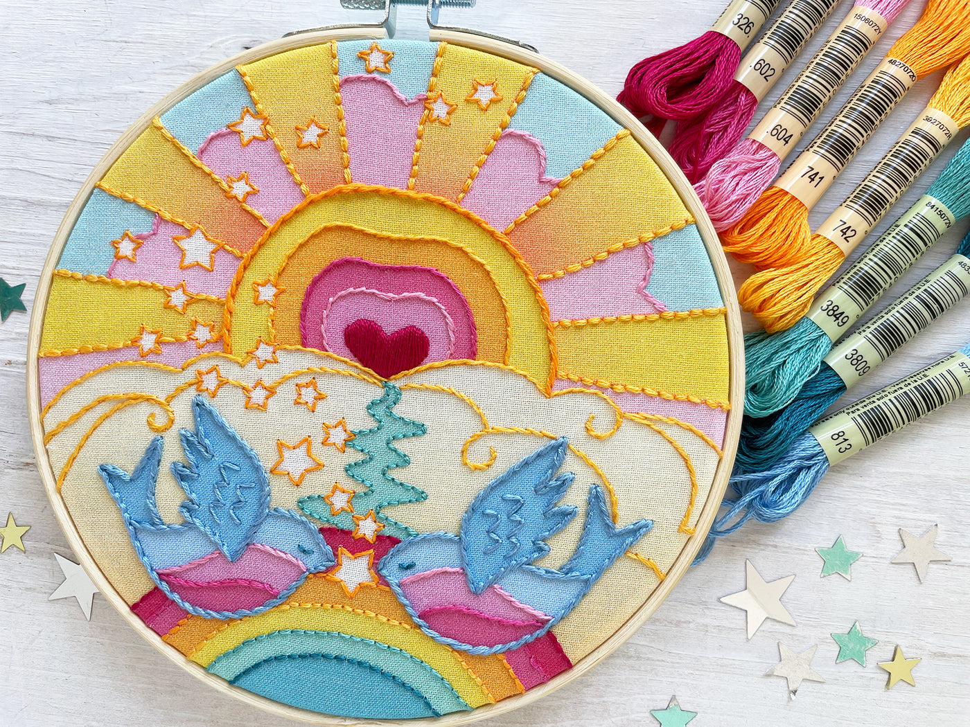 Rainbow Lovebirds Hand Embroidery Fabric Sampler