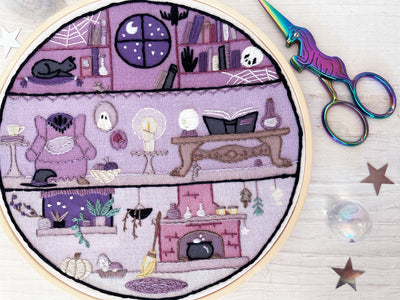 little magic house, Halloween Haunted Witch house Hand Embroidery Sampler