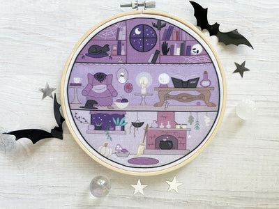 little magic house, Halloween Haunted Witch house Hand Embroidery Sampler