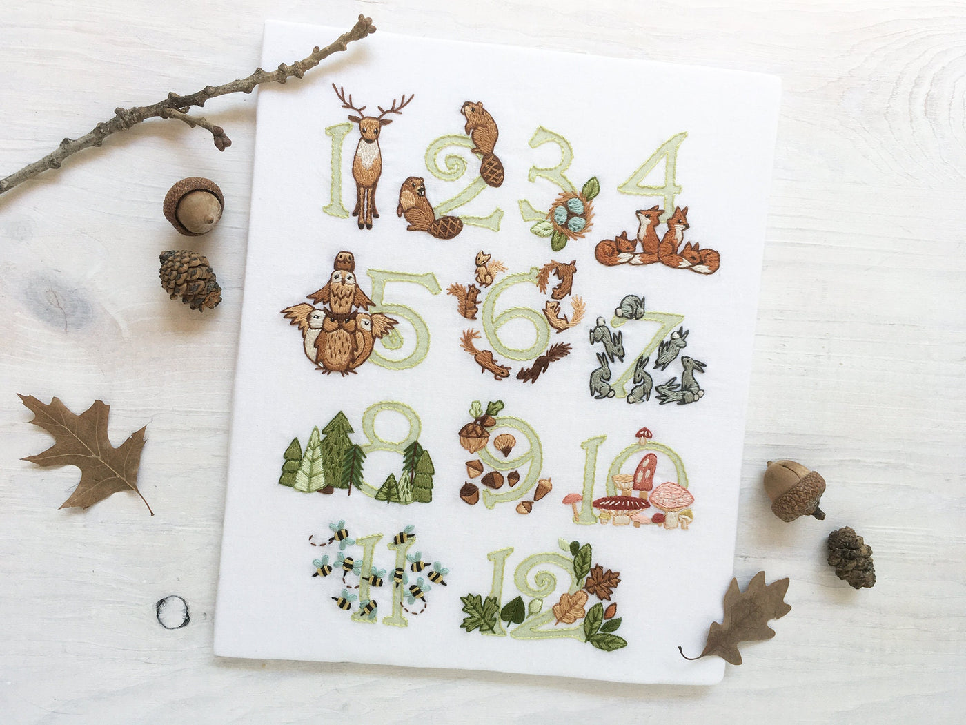Woodland 123 Numbers hand embroidery pattern, forest animals