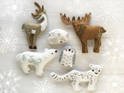 set of 6 Winter Animals plush felt Sewing patterns, Christmas ornaments