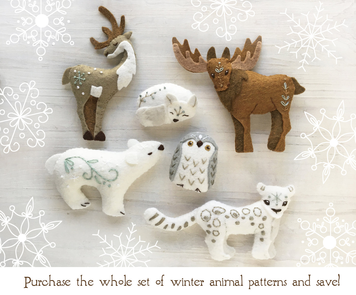 Winter Animals set 2 plush felt Sewing pattern, Christmas ornaments