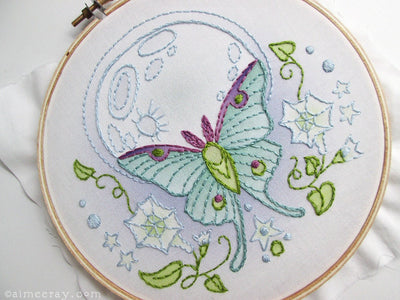 Luna Moth Butterfly Moon Hand Embroidery fabric sampler