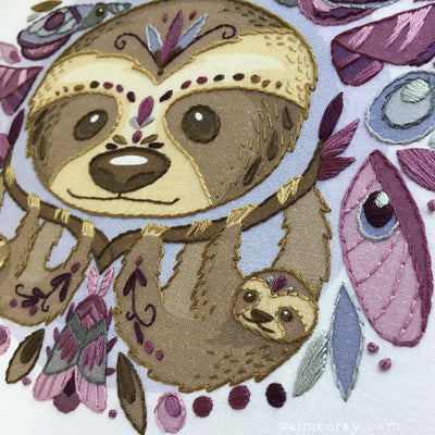 Sloths and Moths large Hand Embroidery fabric sampler
