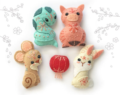 Chinese Zodiac Felt Animals Plush Sewing Pattern SET 2 Pig, Mouse, Rabbit, Snake