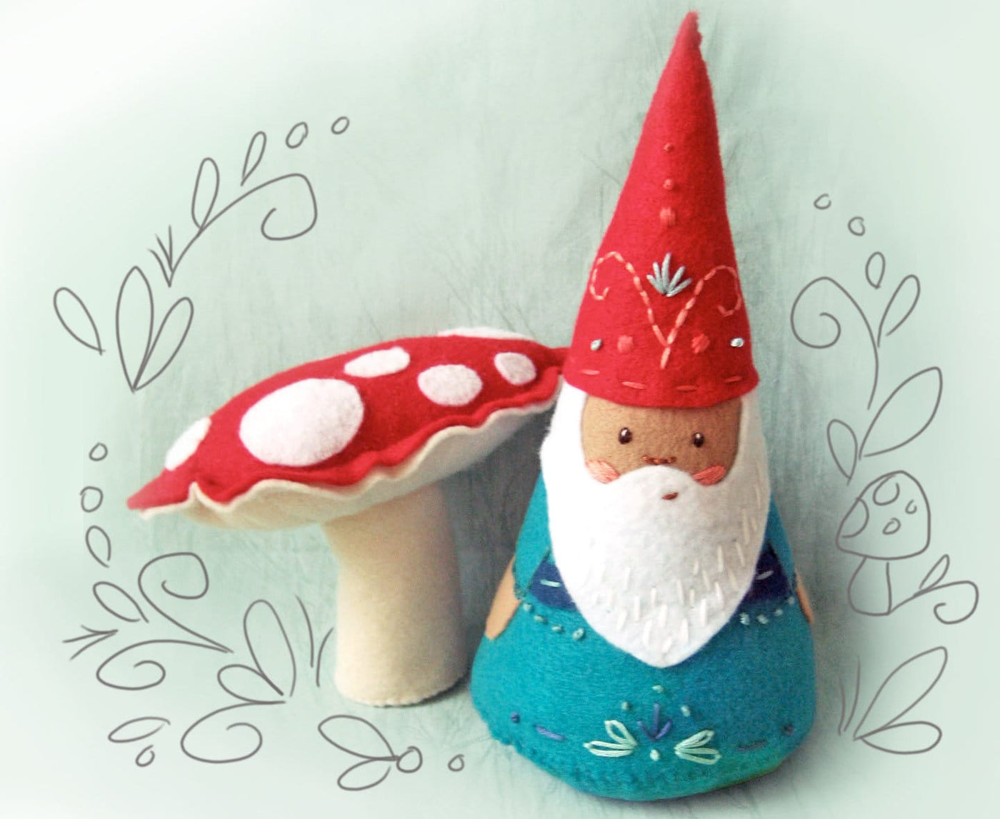 Gnome and mushroom felt plush sewing pattern, Christmas Santa