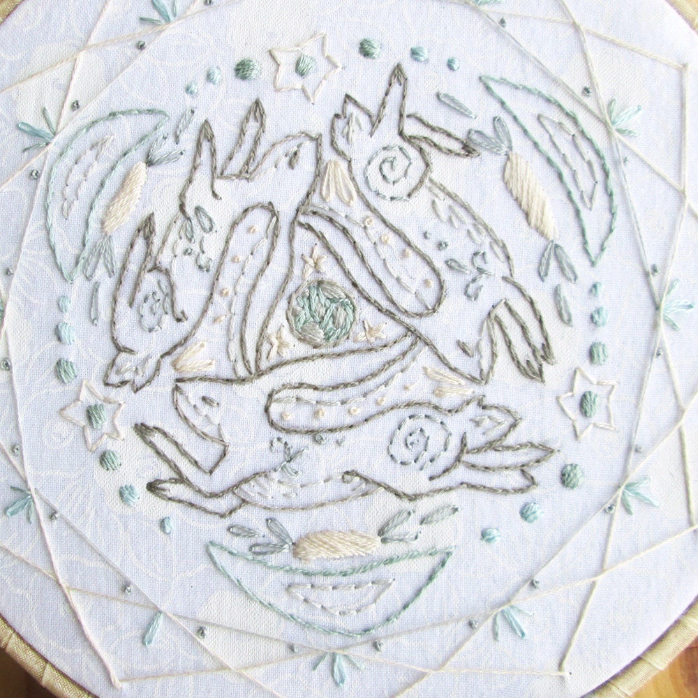 Three Hares Hand Embroidery pattern download, celestial rabbit moon design