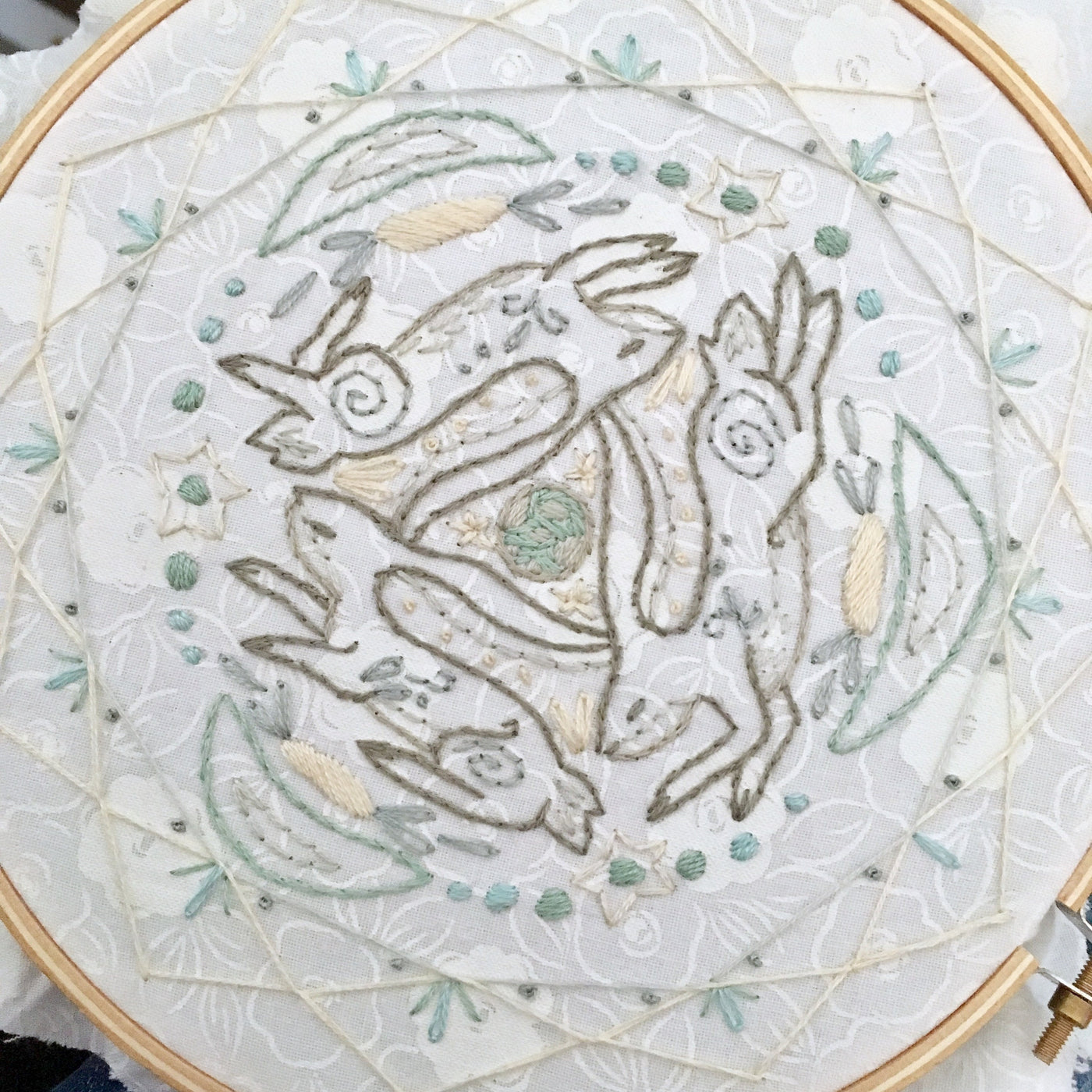 Three Hares Hand Embroidery pattern download, celestial rabbit moon design