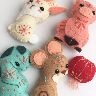 Chinese Zodiac Felt Animals Plush Sewing Pattern SET 2 Pig, Mouse, Rabbit, Snake