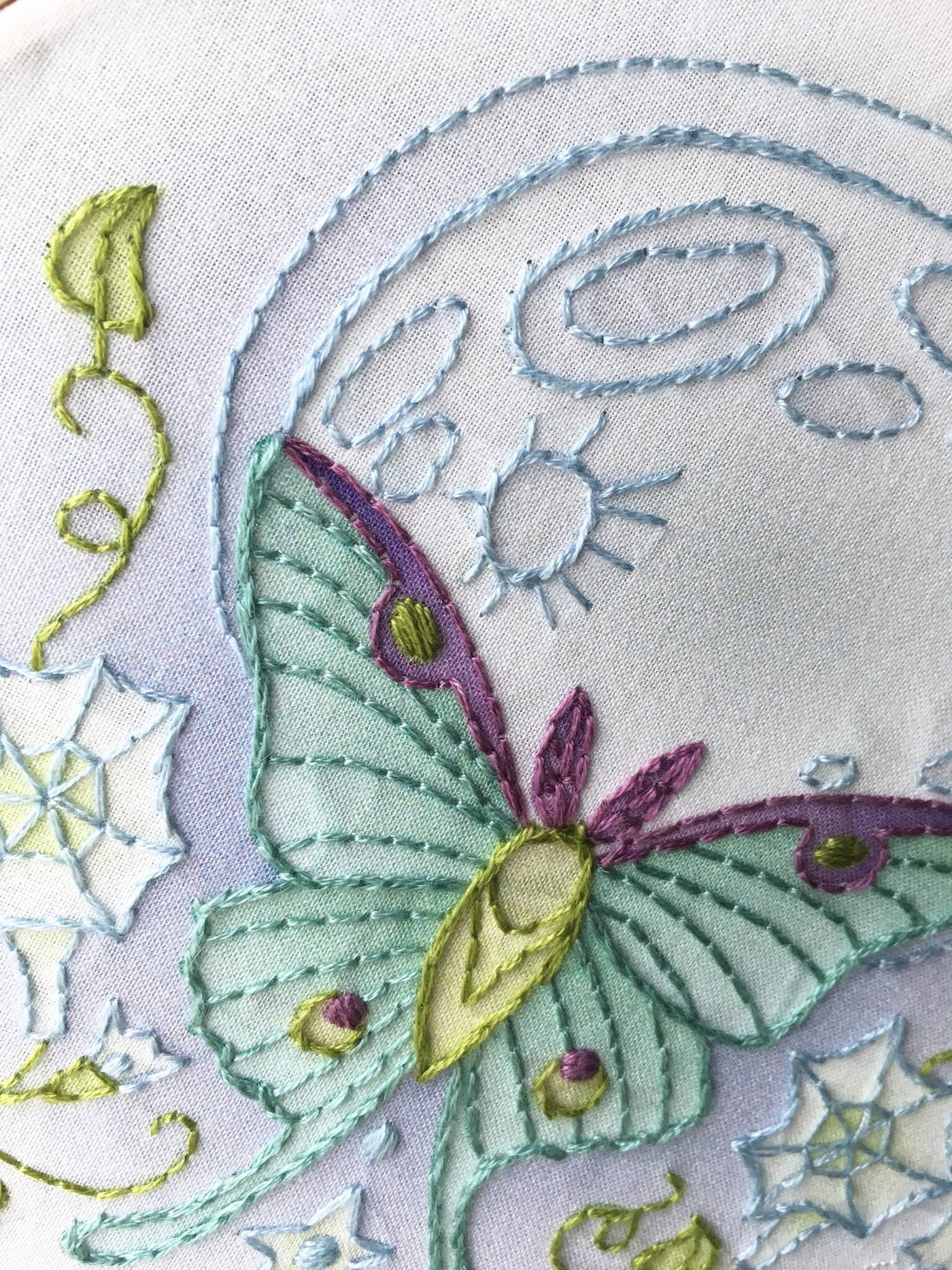 Luna Moth Butterfly Moon Hand Embroidery fabric sampler