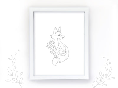 Fox pencil drawing printable wall art, Woodland Animals print