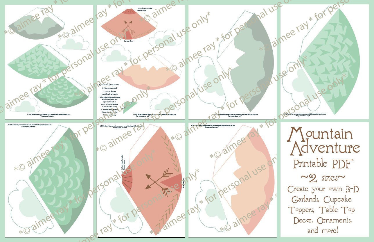 Pastel Mountain Adventure printable SVG Garland and Party Decorations