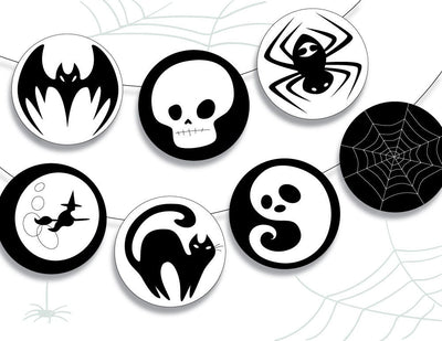 Halloween Black and White printable SVG party decor, garlands, gift bags and more