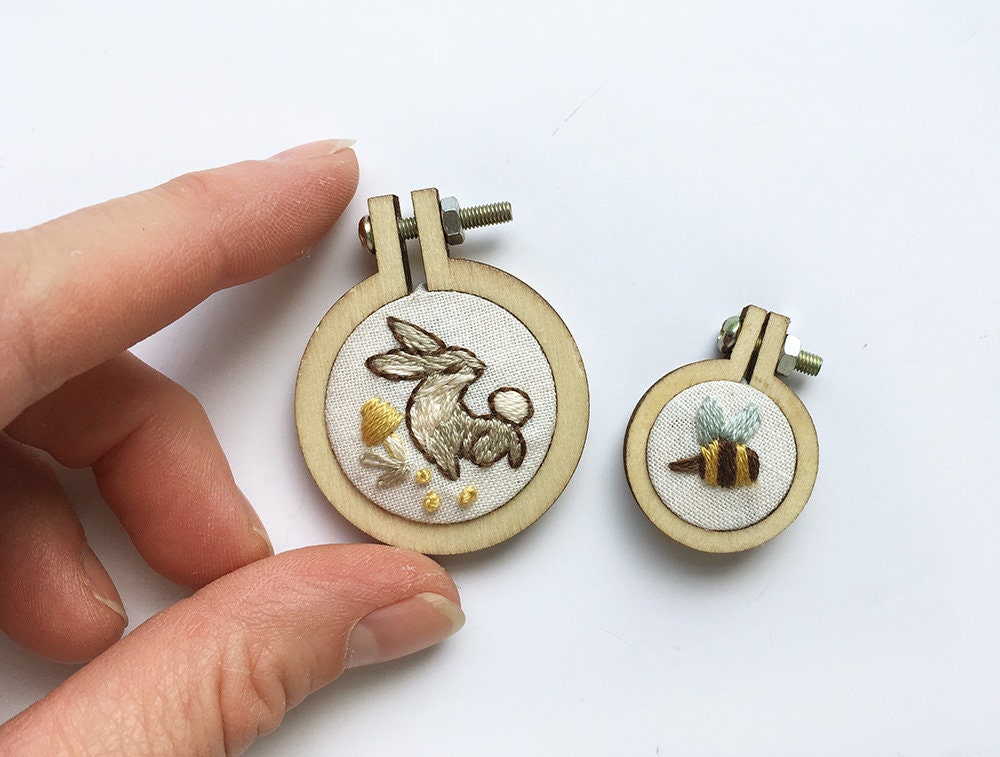 Mini Hand Embroidery Hoop Charms Kit, Bunny and Bee