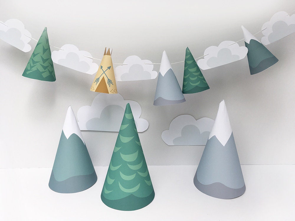 Mountain Adventure Printable Garland, Party Decorations with SVG