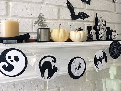 Halloween Black and White printable SVG party decor, garlands, gift bags and more