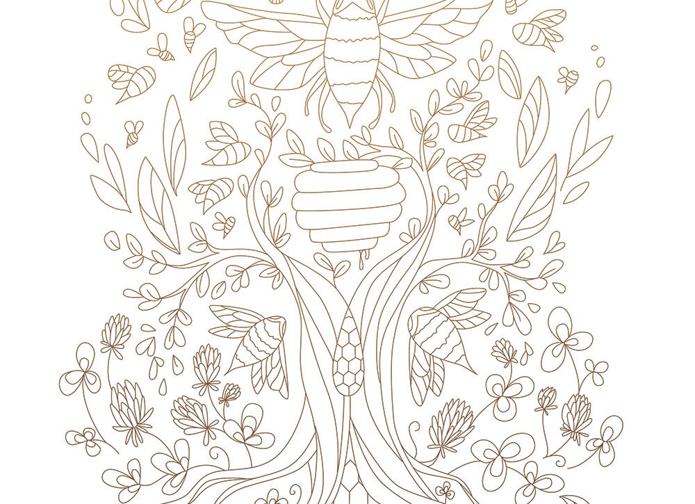 Honey Bee Tree printable wall art, Botanical woodland forest animal prints
