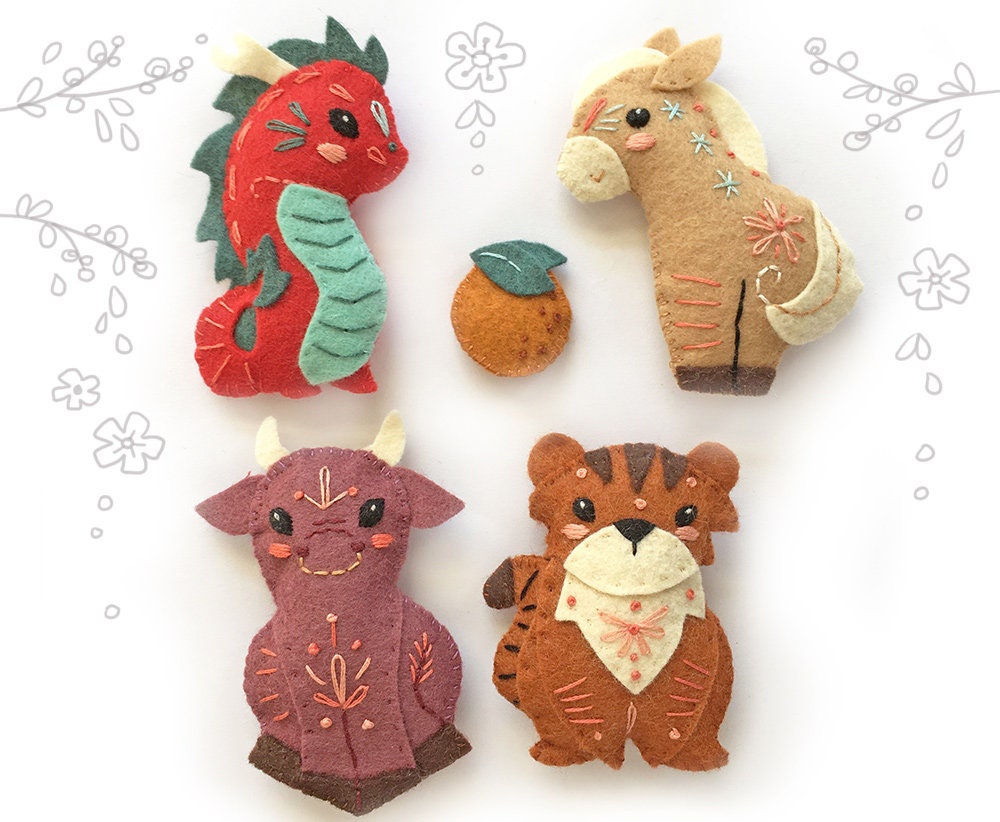 12 Chinese Zodiac, Lunar New Year felt animals sewing patterns