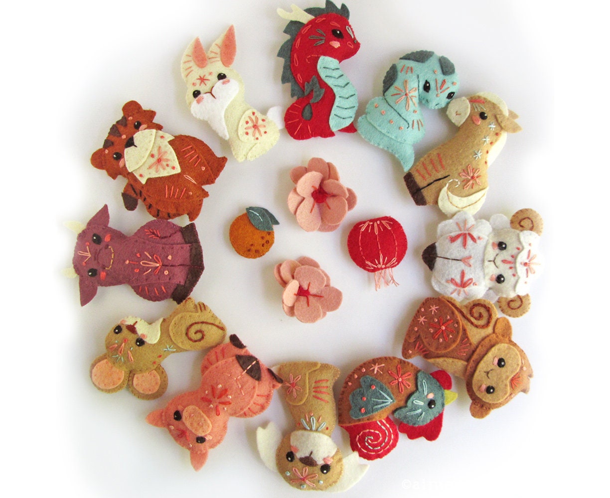 12 Chinese Zodiac, Lunar New Year felt animals sewing patterns
