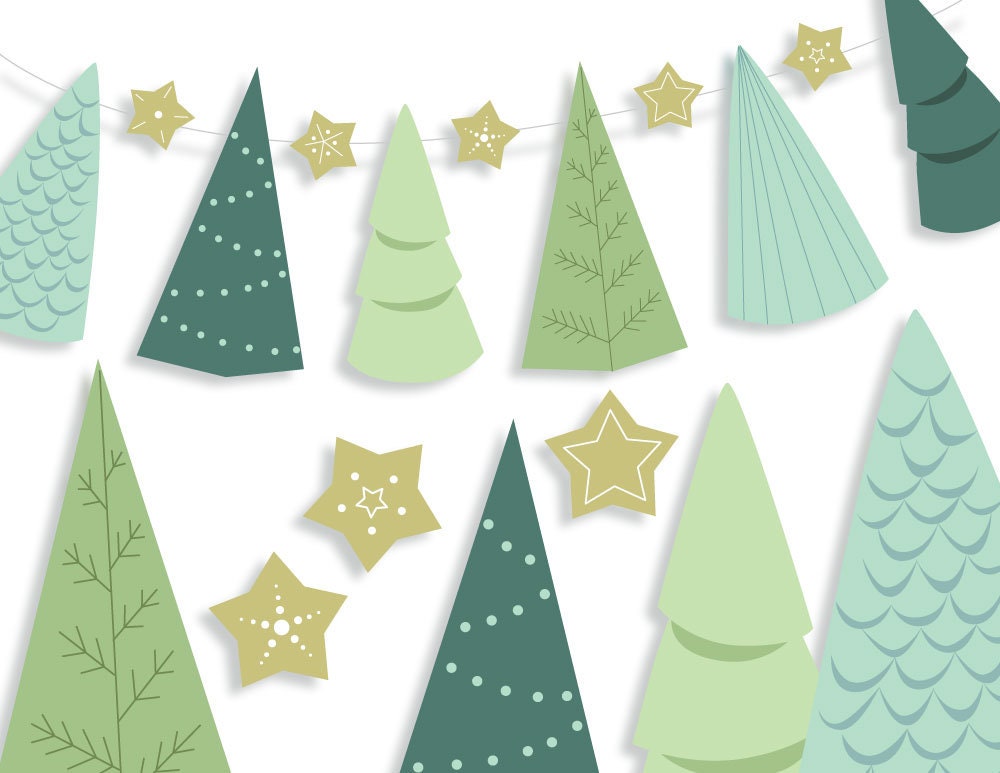 Pine Trees and Stars Christmas printable/ SVG garland and party decor
