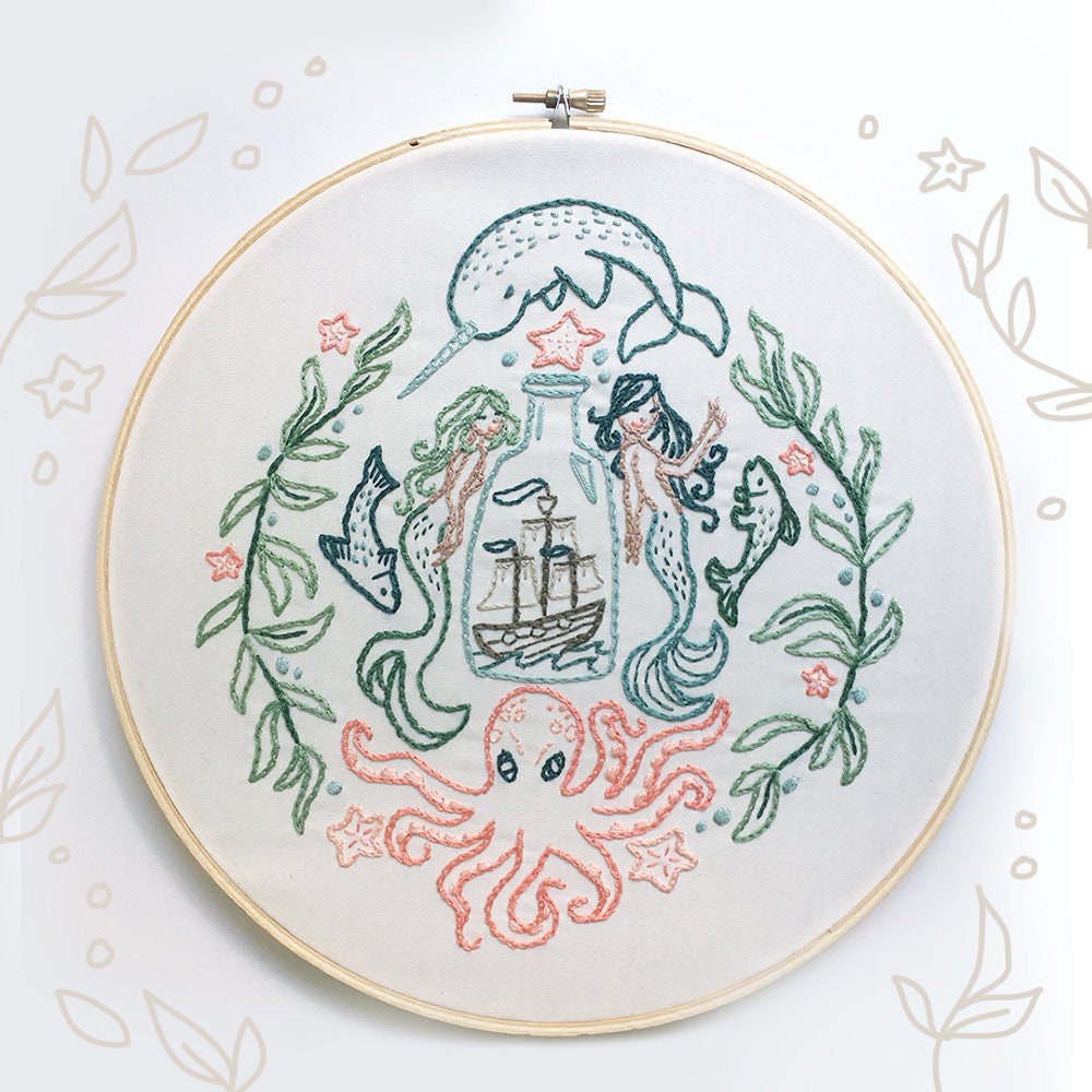 Ship in a Bottle Hand Embroidery Pattern, Mermaids, Narwhal, Octopus