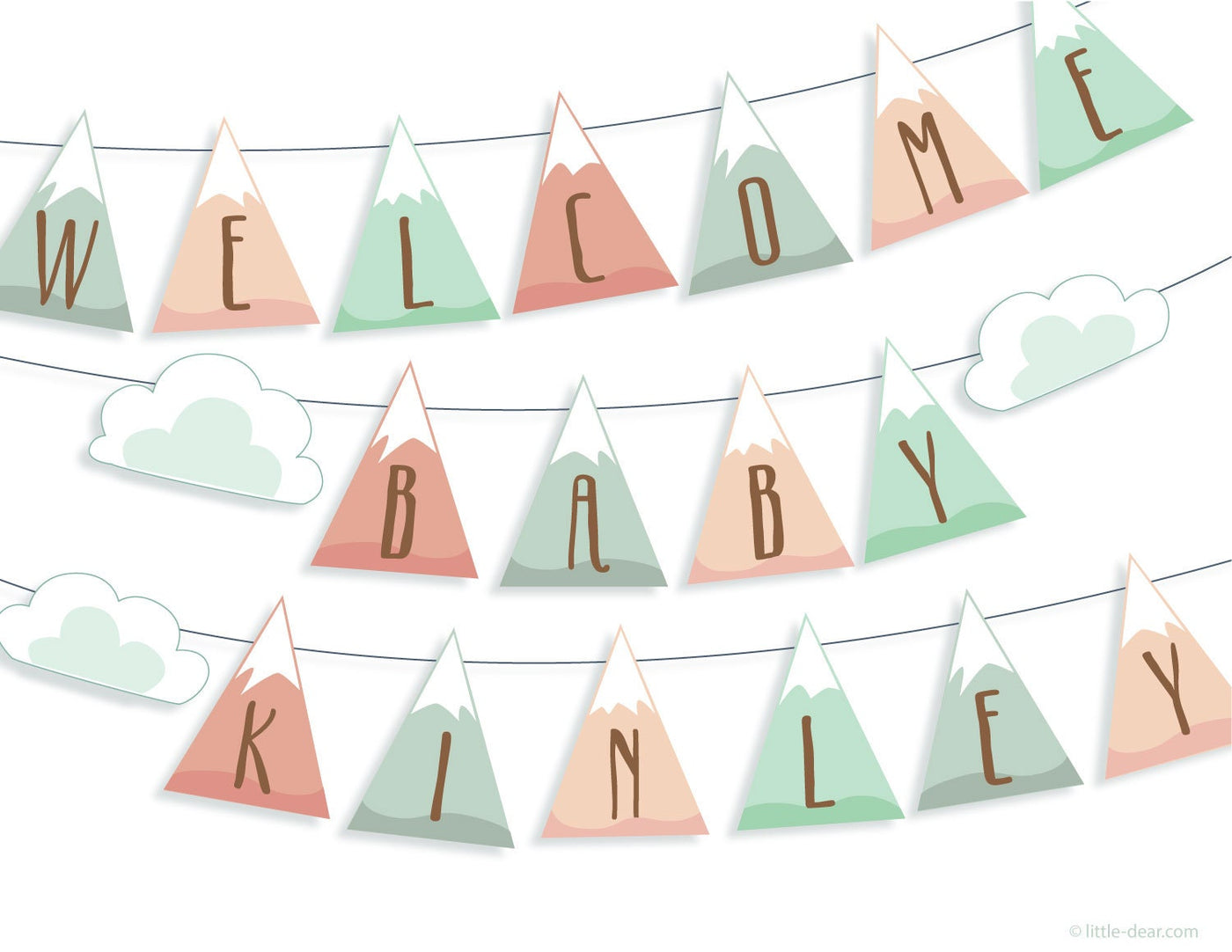 Pastel Mountain Baby Shower Garland, printable SVG, customizable name and alphabet