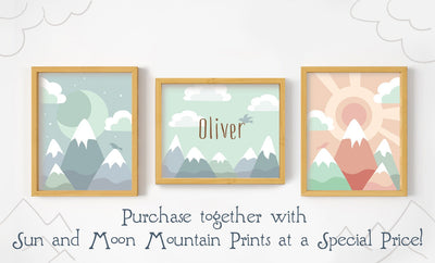 Personalized Mountain Baby Name art print, printable adventure nursery decor