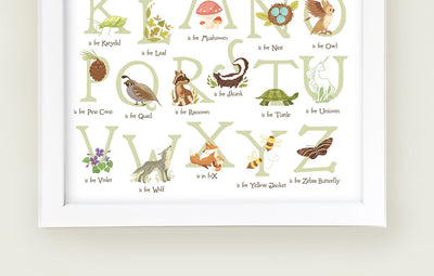 Woodland Alphabet printable wall art, woodland animals ABC nursery