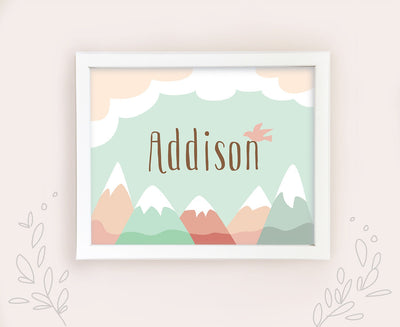 Personalized Mountain Baby Name art print, printable adventure nursery decor
