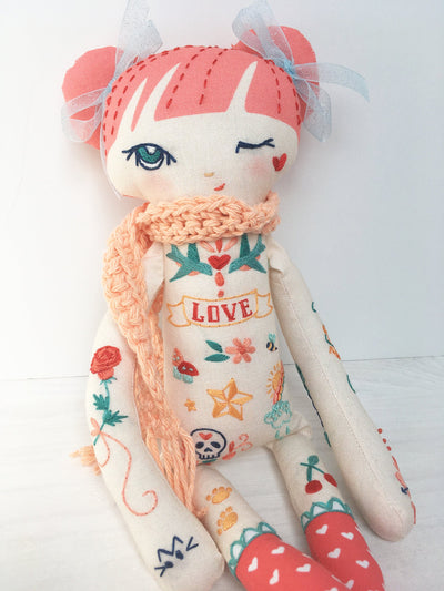 DIY Lydia Love tattooed doll, Cut and Sew embroidered cloth doll with embroidery