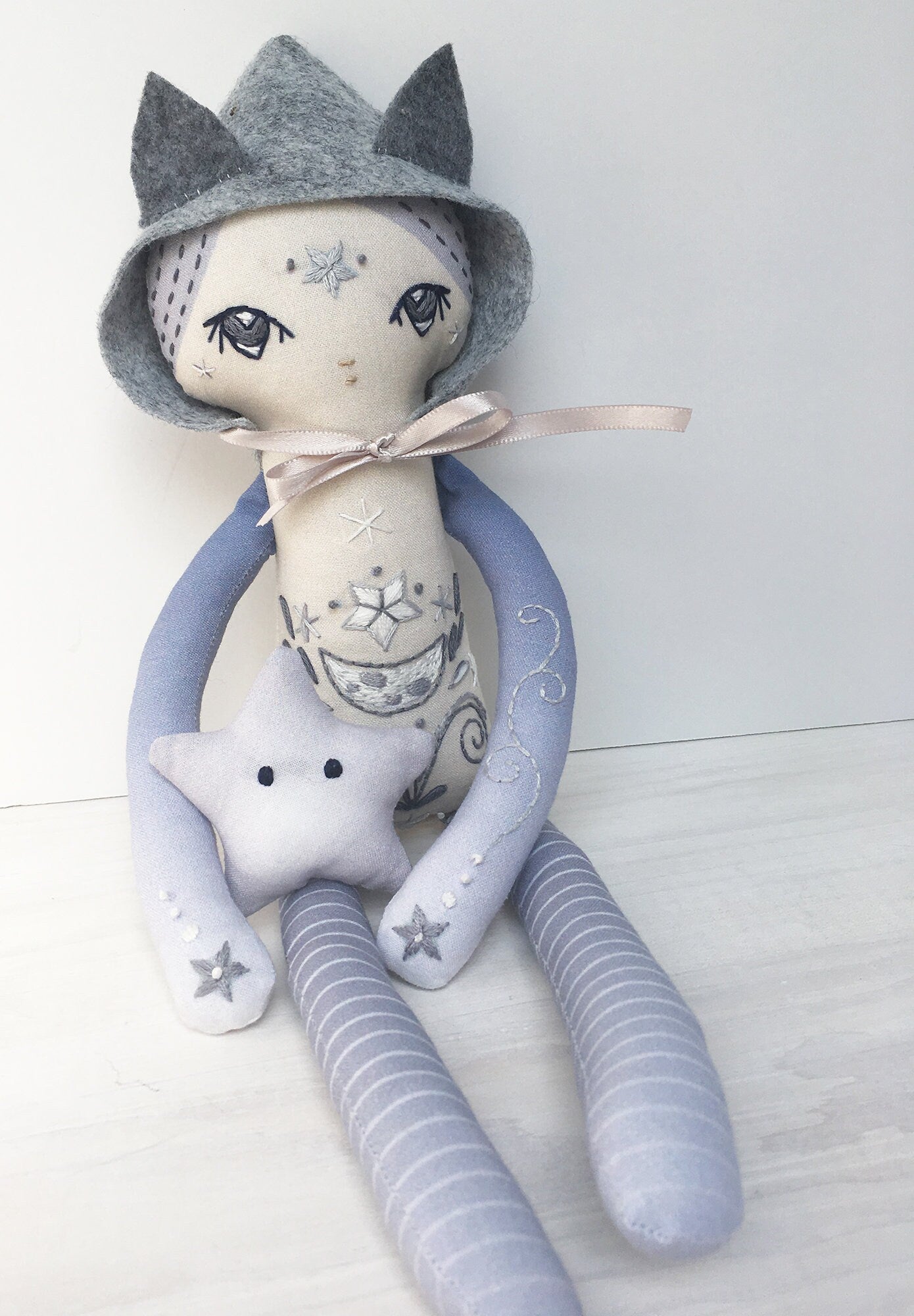 DIY Cut and Sew Luna Fey cloth doll with embroidery