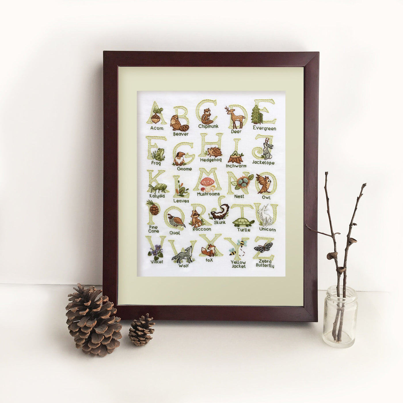 Woodland ABC Alphabet hand embroidery pattern, forest animals