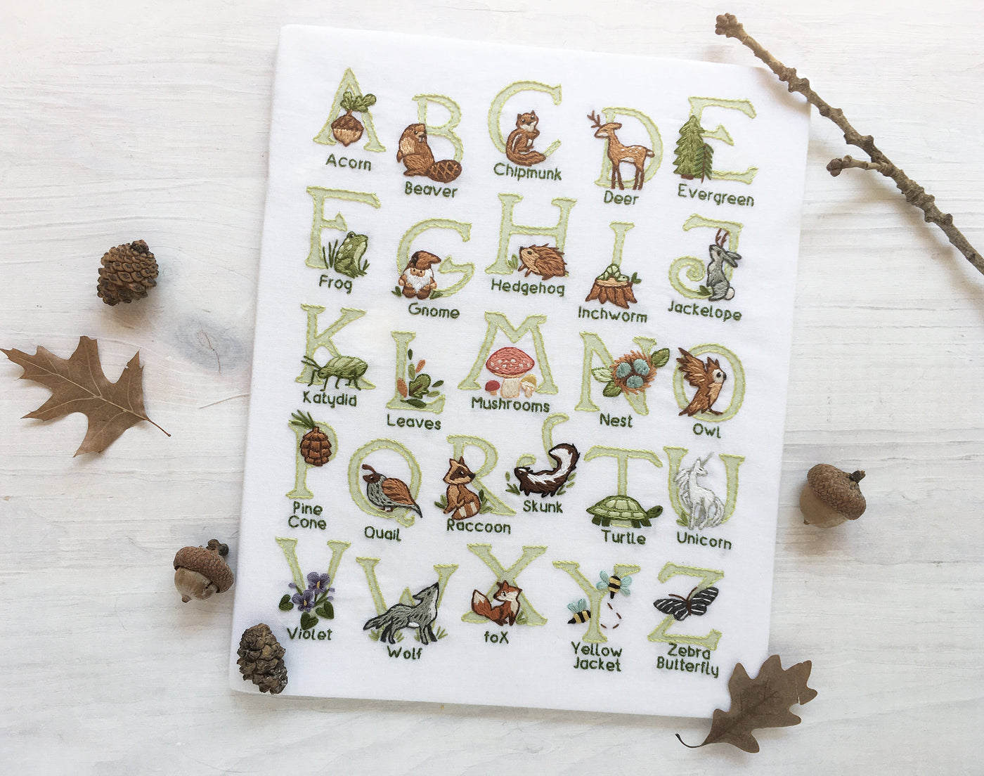 Woodland Animals Alphabet ABC hand embroidery fabric sampler
