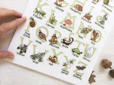 Woodland Animals Alphabet ABC hand embroidery fabric sampler