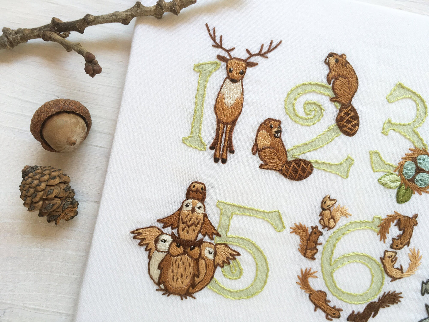Woodland Numbers hand embroidery fabric sampler, forest animals nursery